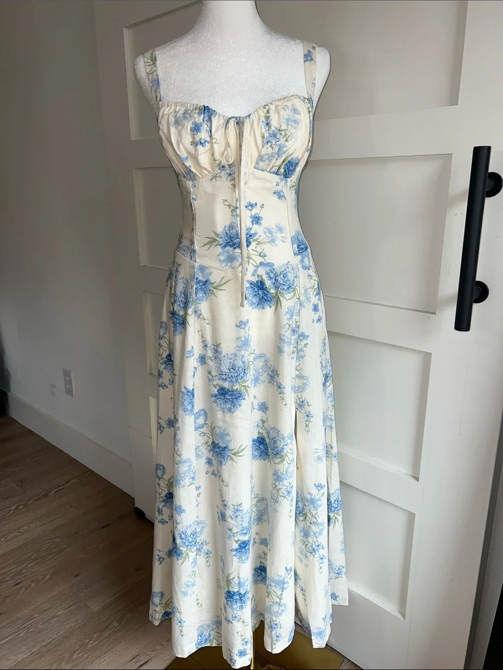 Blue Floral Cream Maxi Dress - Sleeveless Summer Dress - Picture 1 of 8